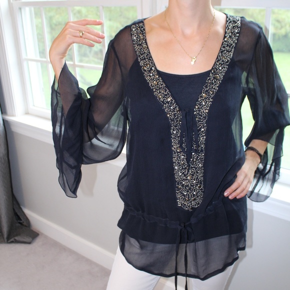 Sale! INC Sparkle Blue Top w Cinch Waist - Picture 1 of 3